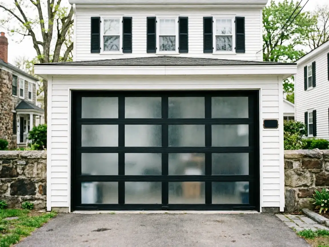 A black garage door with frosted glass panels on a white house.