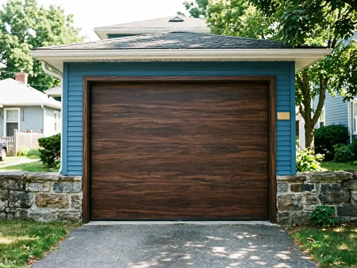 A dark wood garage door is set in a blue garage with a stone base.