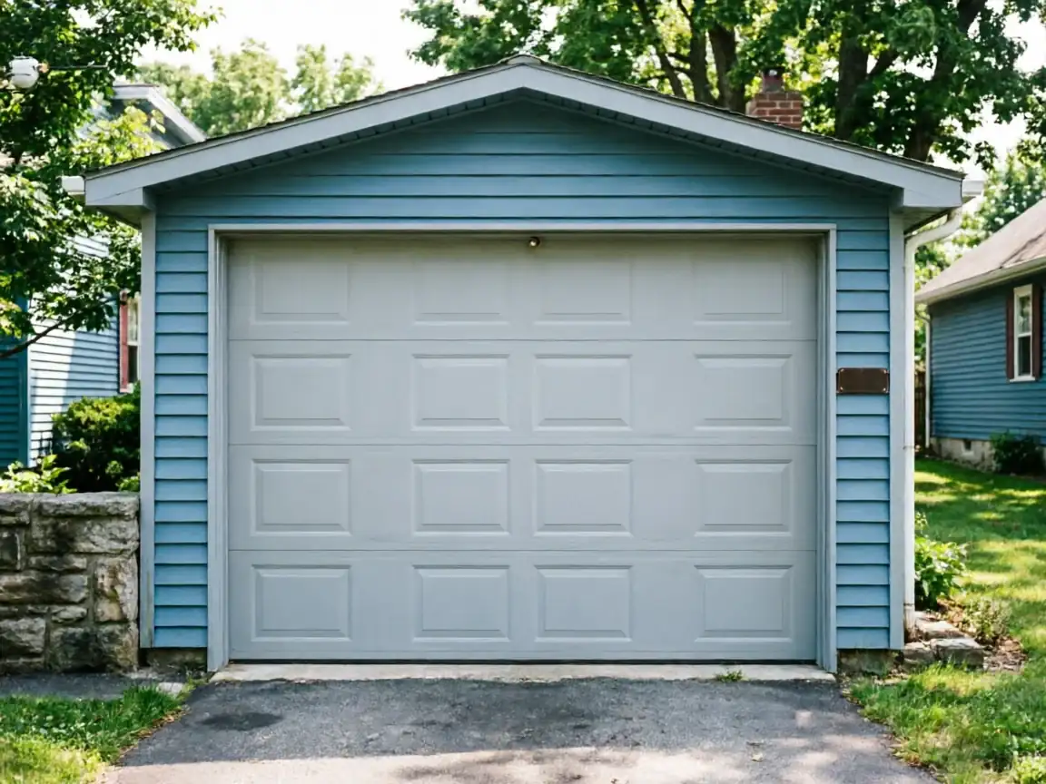 A light gray garage door is on a blue detached garage with a driveway.