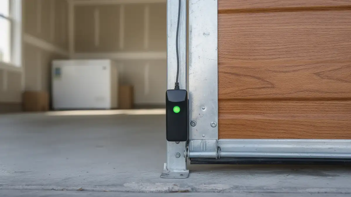 A black sensor with a green light is mounted on a garage door frame.
