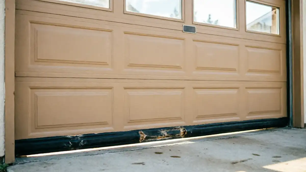 A tan garage door with windows has a damaged bottom seal.