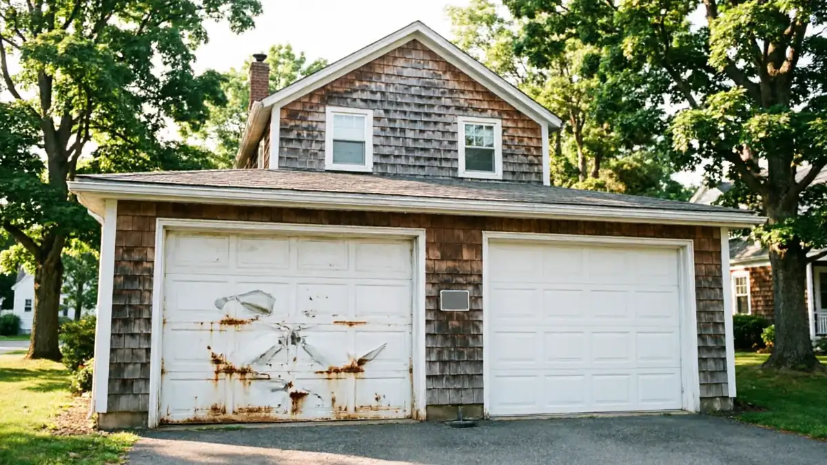 A two-car garage with one damaged and one undamaged white garage door.