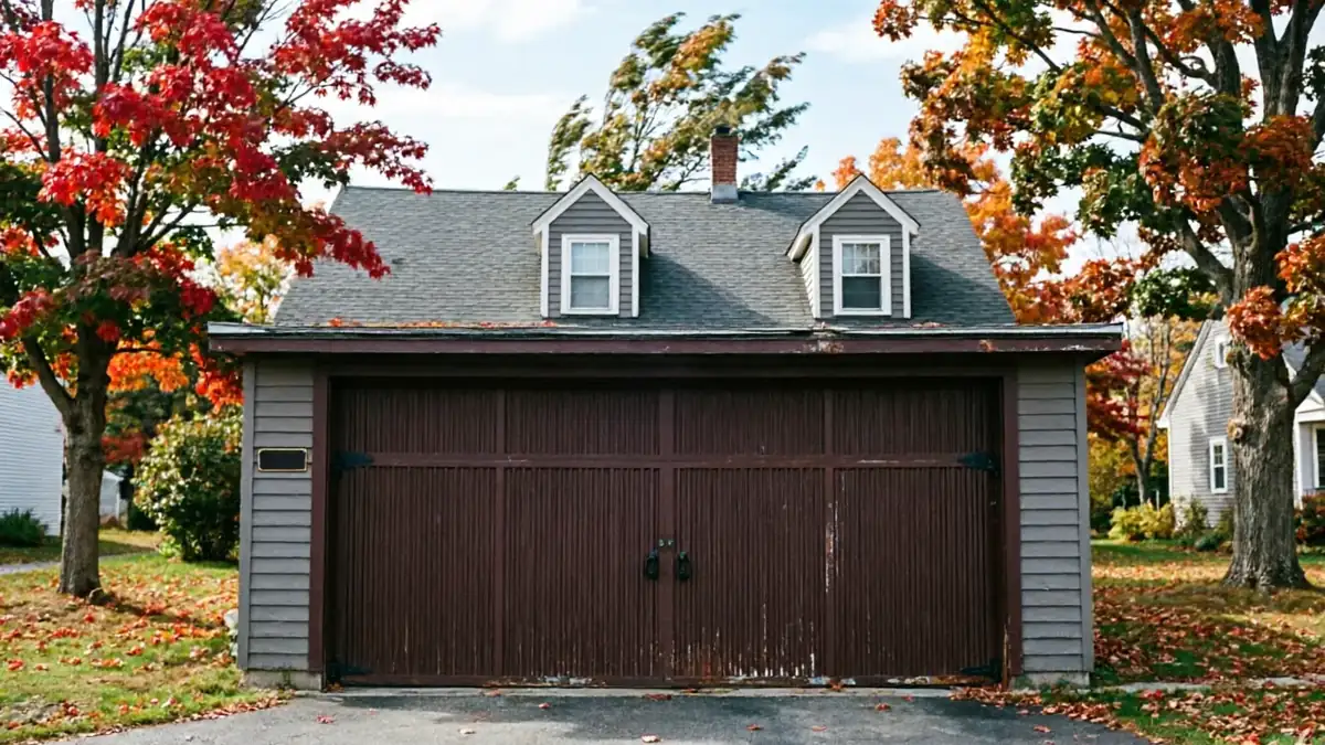 A brown wooden garage door is on a gray garage with two dormer windows.